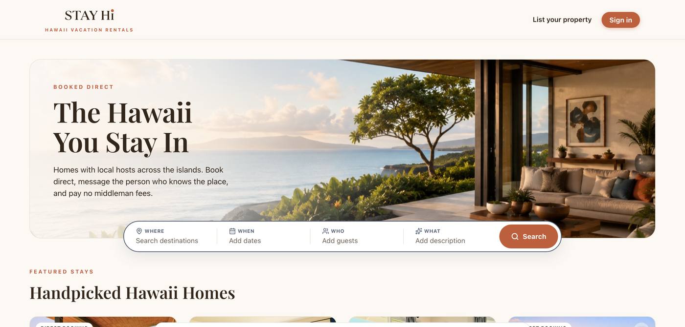 Stay Hawaii direct-booking vacation rental marketplace, designed and built by Sidra Vaines